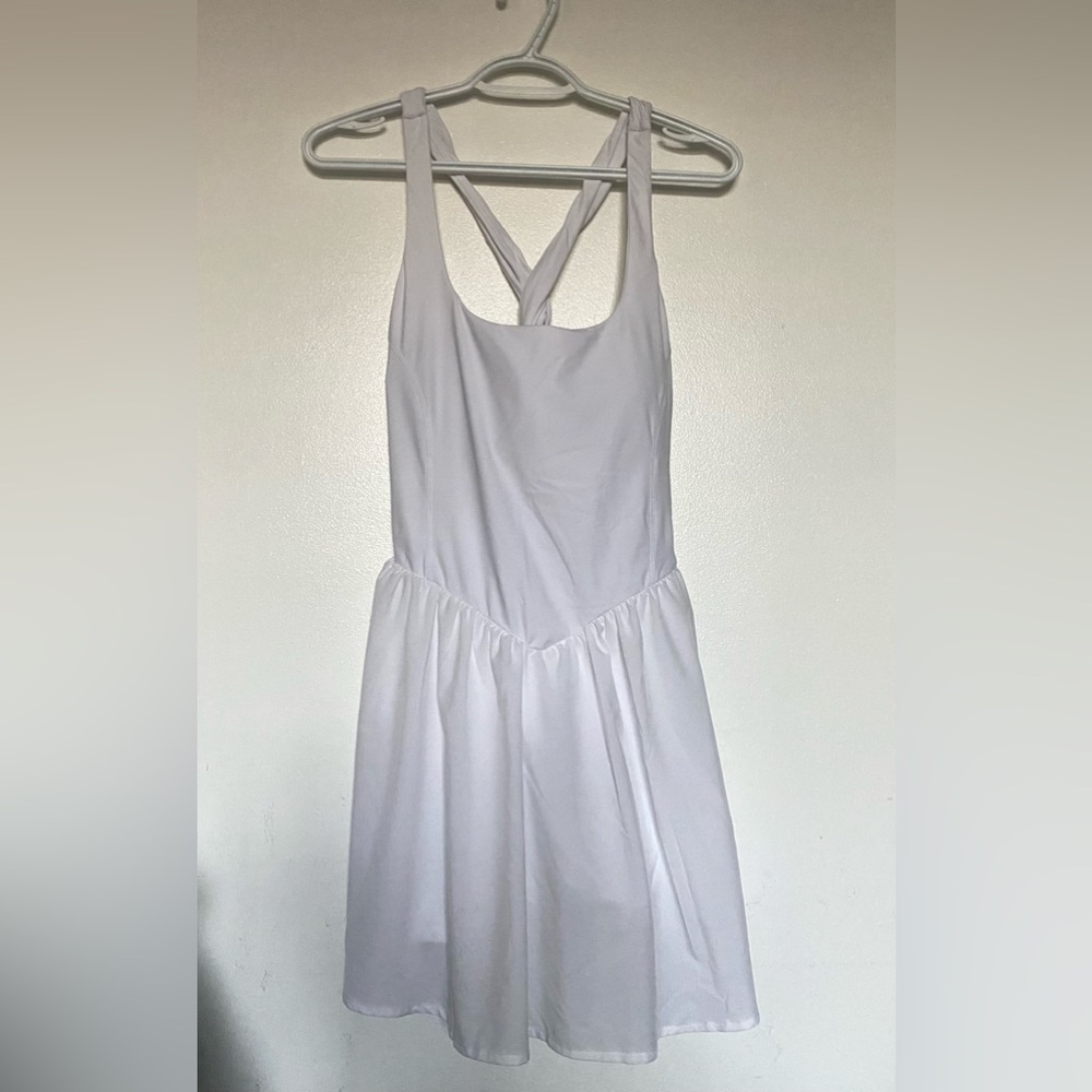 Halara white exercise mini dress with built in bra and shorts